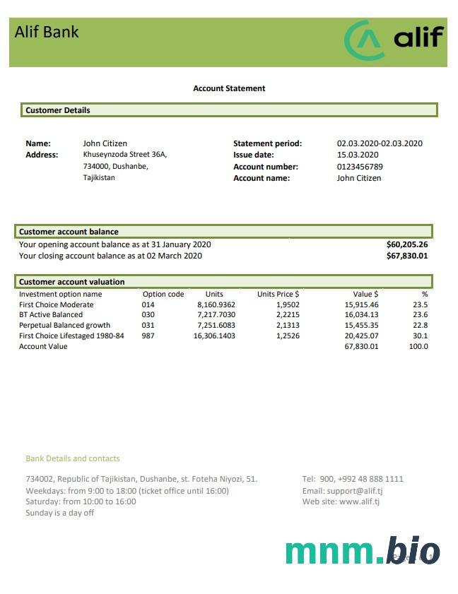 Tadżykistan Alif Bank szablon w formacie excel pdf